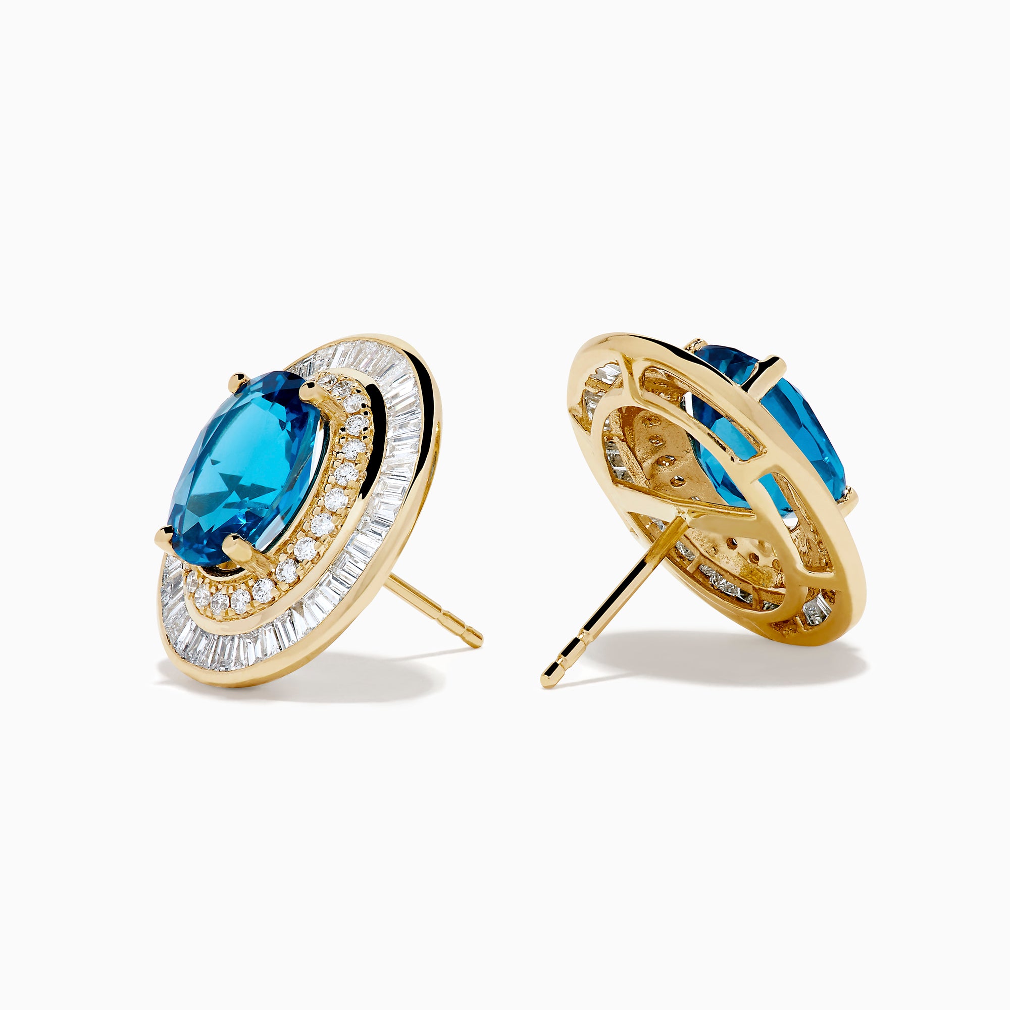 14K Yellow Gold Blue Topaz and Diamond Double Halo Stud Earrings