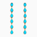The 14K Yellow Gold Turquoise Pear Shaped Linear Drop Earrings feature four teardrop-shaped turquoise stones and a single oval stone at the top of each earring, shown against a white background.