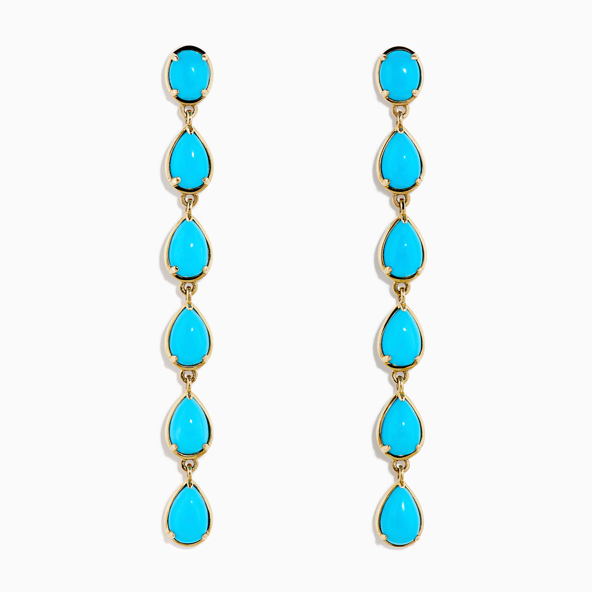 The 14K Yellow Gold Turquoise Pear Shaped Linear Drop Earrings feature four teardrop-shaped turquoise stones and a single oval stone at the top of each earring, shown against a white background.