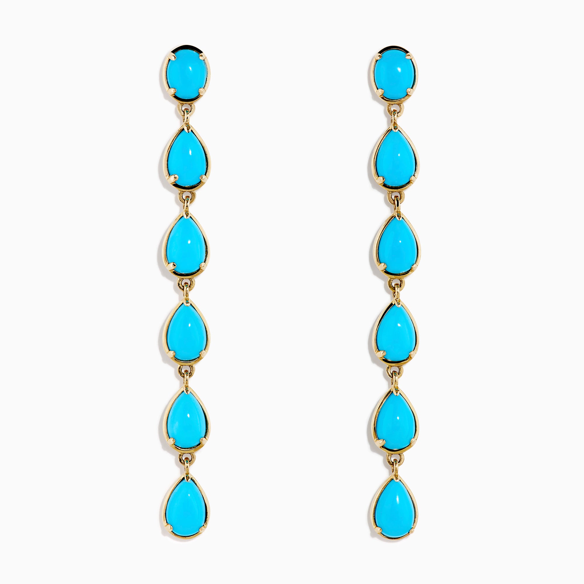The 14K Yellow Gold Turquoise Pear Shaped Linear Drop Earrings feature four teardrop-shaped turquoise stones and a single oval stone at the top of each earring, shown against a white background.