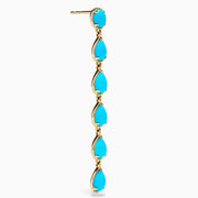 The 14K Yellow Gold Turquoise Pear Shaped Linear Drop Earrings feature four teardrop-shaped turquoise stones and a single oval stone at the top of each earring, shown against a white background.