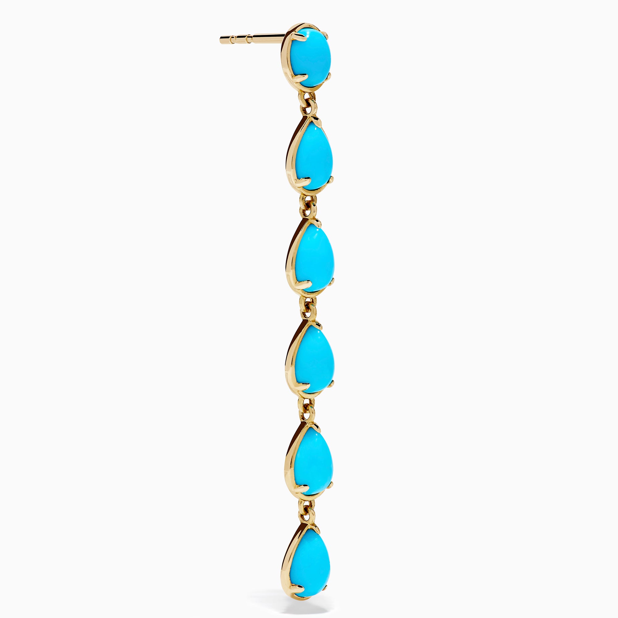 The 14K Yellow Gold Turquoise Pear Shaped Linear Drop Earrings feature four teardrop-shaped turquoise stones and a single oval stone at the top of each earring, shown against a white background.
