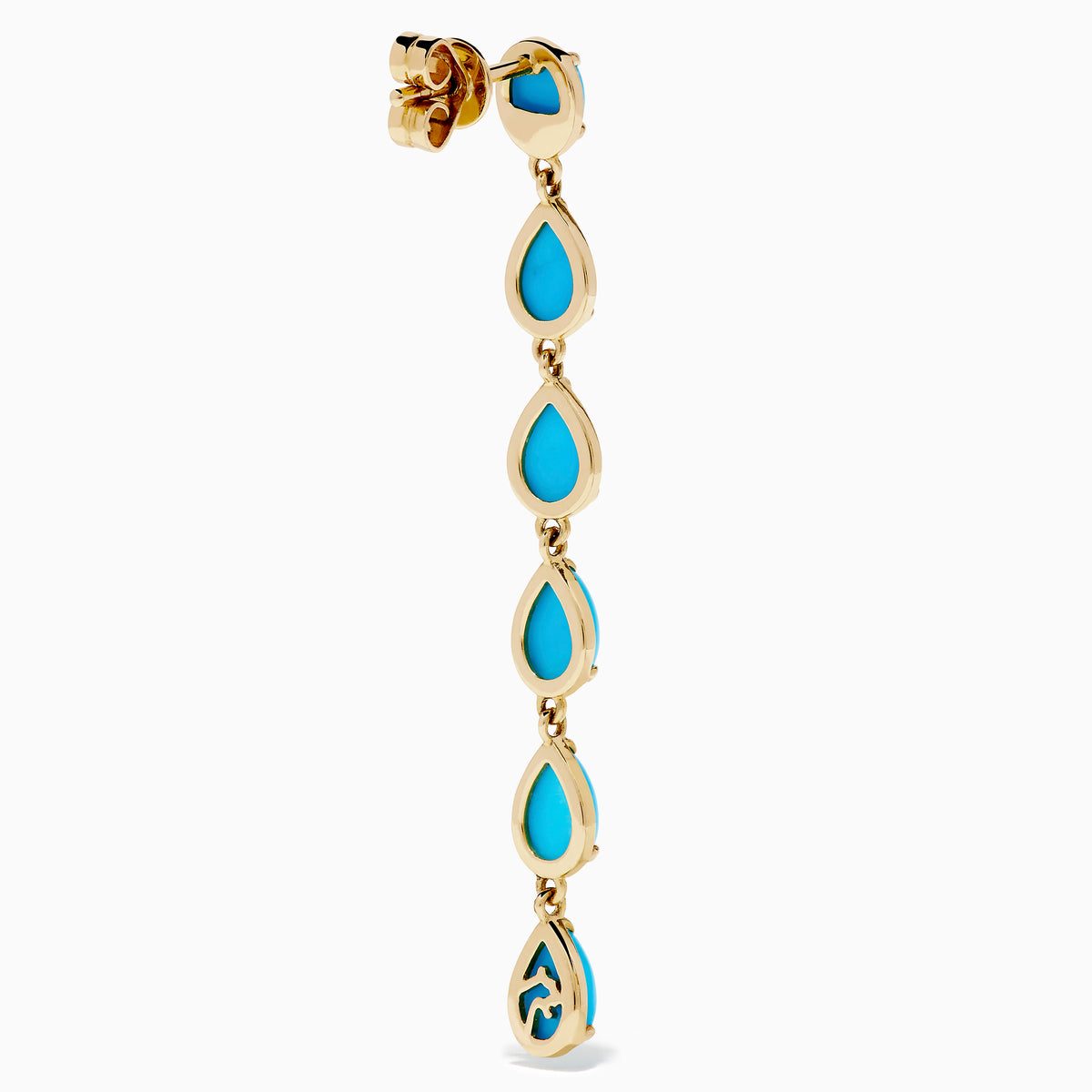 The 14K Yellow Gold Turquoise Pear Shaped Linear Drop Earrings feature four teardrop-shaped turquoise stones and a single oval stone at the top of each earring, shown against a white background.