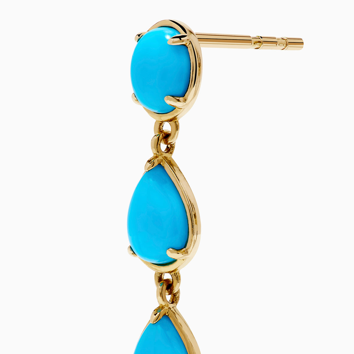 The 14K Yellow Gold Turquoise Pear Shaped Linear Drop Earrings feature four teardrop-shaped turquoise stones and a single oval stone at the top of each earring, shown against a white background.