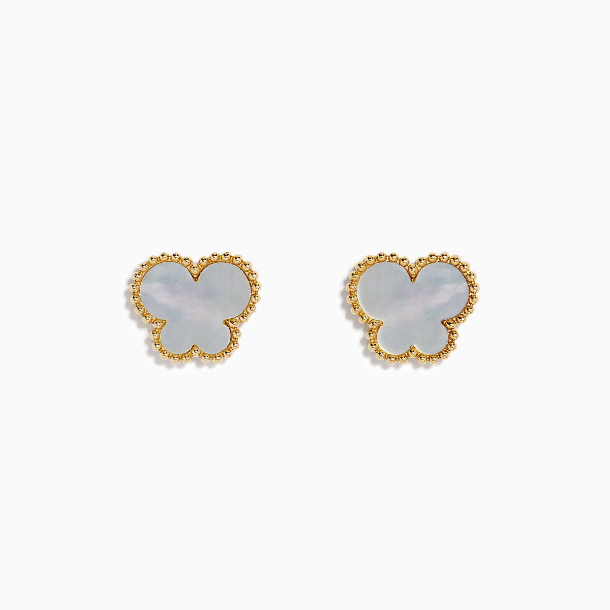 A pair of Novelty 14K Yellow Gold Mother of Pearl Butterfly Earrings is shown against a plain white background.