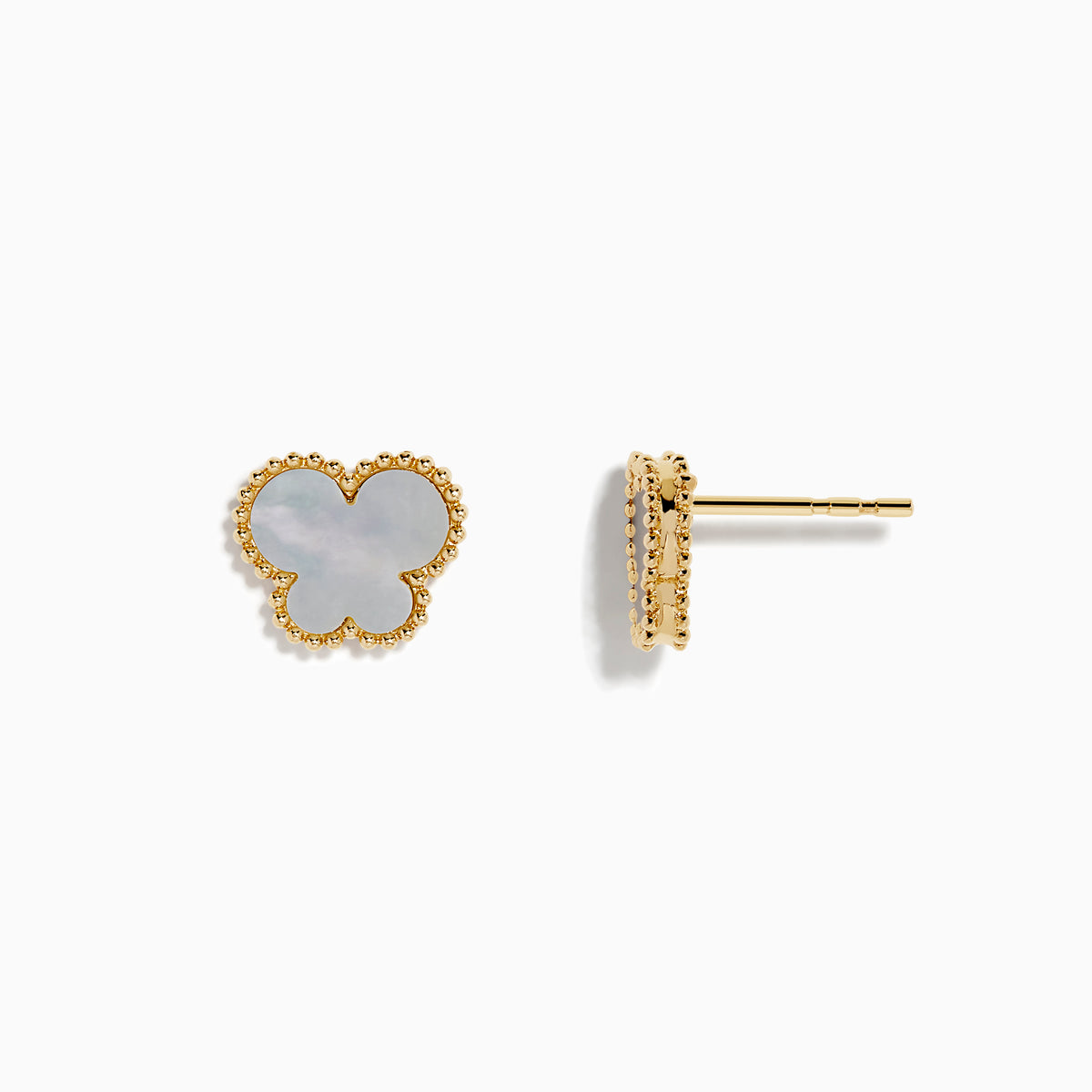 A pair of Novelty 14K Yellow Gold Mother of Pearl Butterfly Earrings is shown against a plain white background.