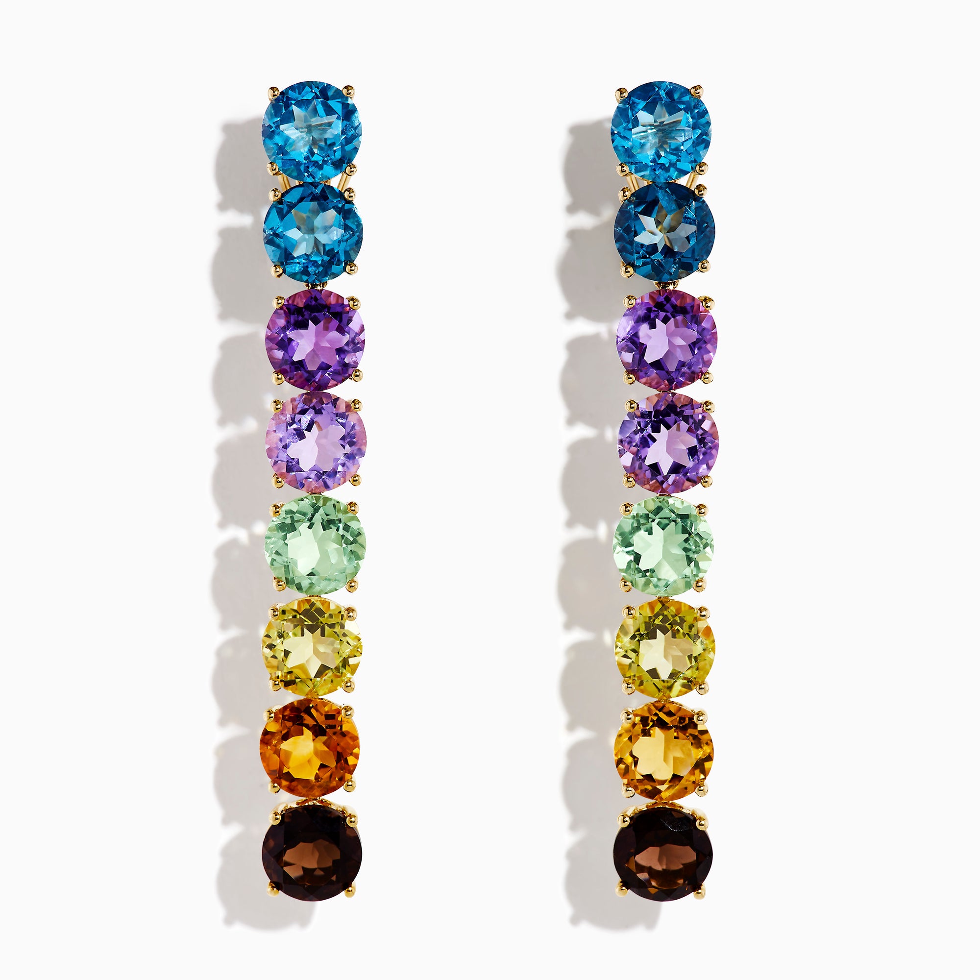The Mosaic 14K Yellow Gold Multi Semi Precious Gemstone Linear Drop Earrings showcase a vertical row of gems in a blue-to-brown rainbow gradient, creating an eye-catching look.