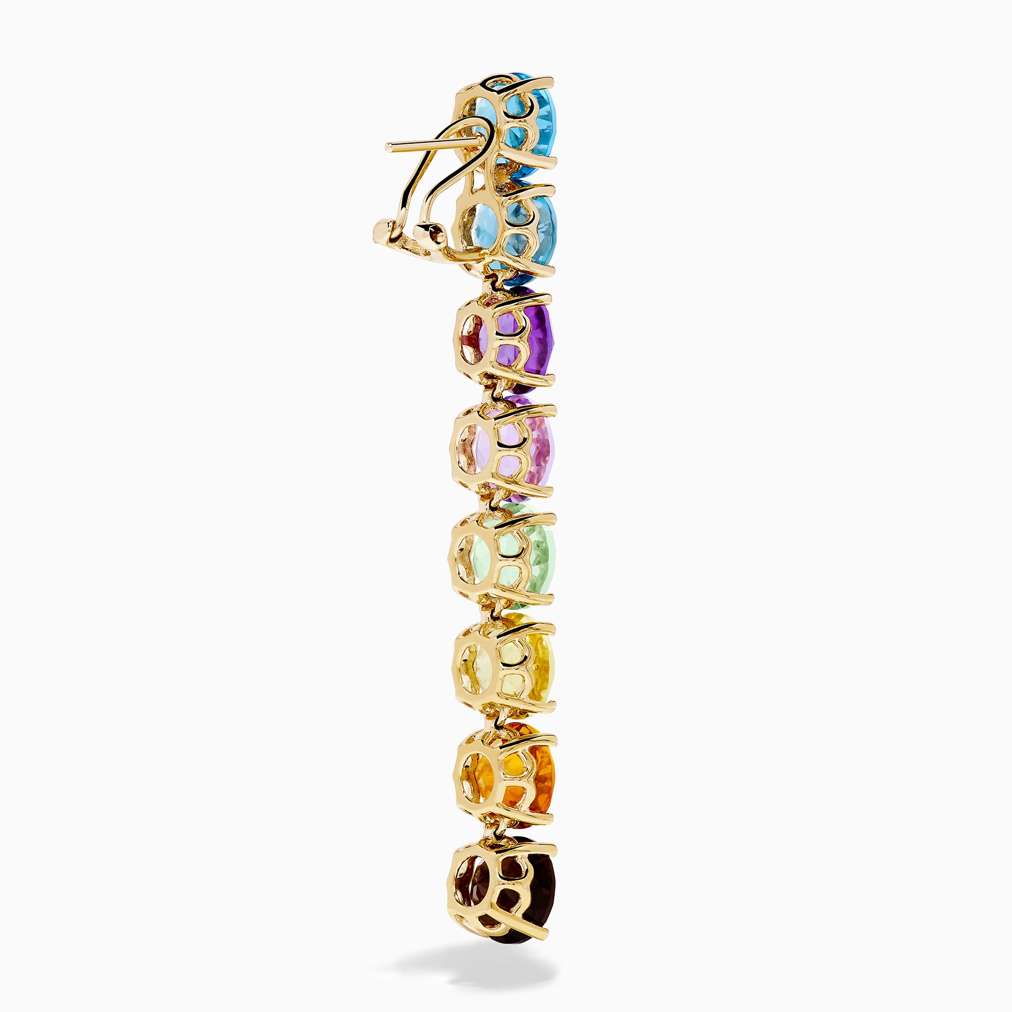The Mosaic 14K Yellow Gold Multi Semi Precious Gemstone Linear Drop Earrings showcase a vertical row of gems in a blue-to-brown rainbow gradient, creating an eye-catching look.