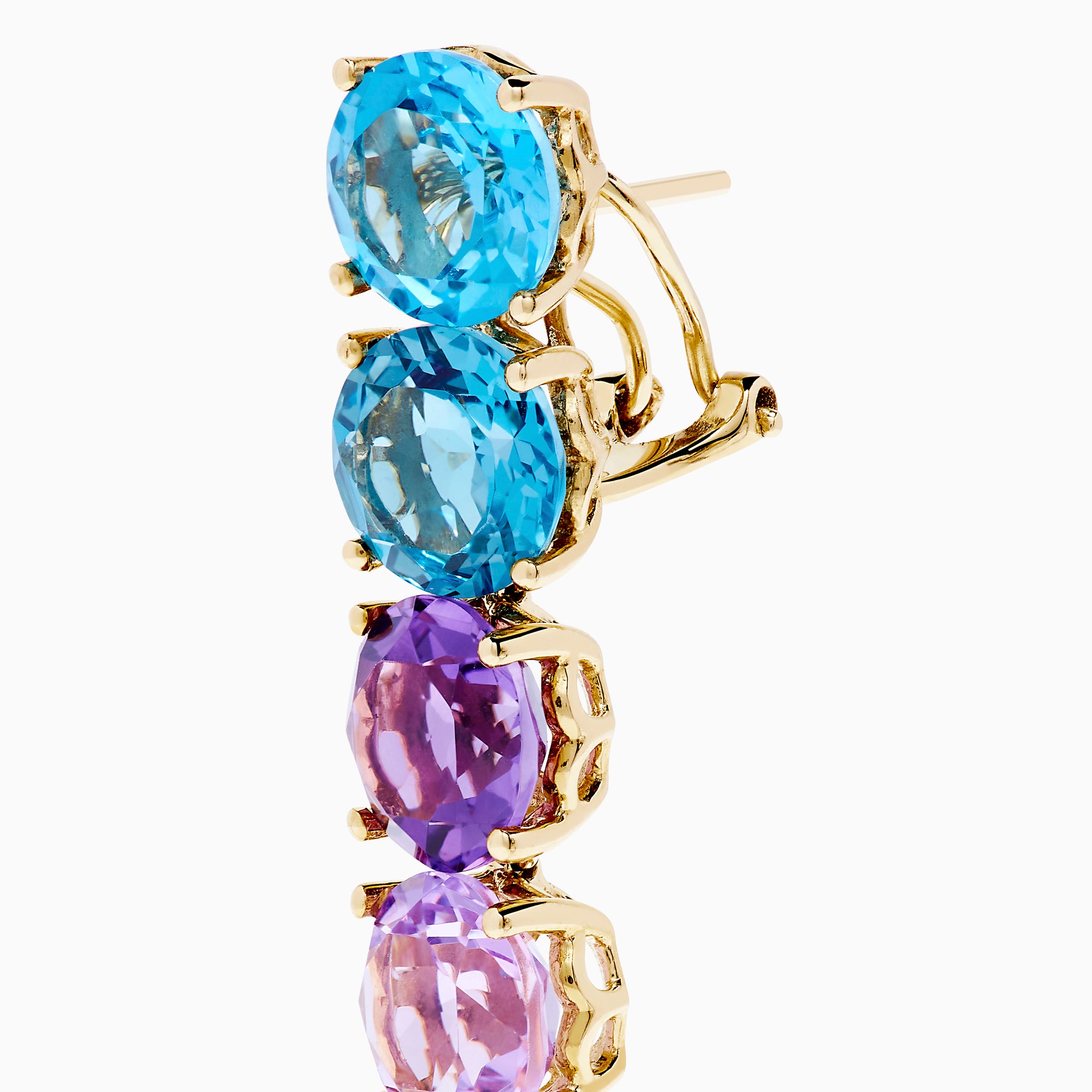 The Mosaic 14K Yellow Gold Multi Semi Precious Gemstone Linear Drop Earrings showcase a vertical row of gems in a blue-to-brown rainbow gradient, creating an eye-catching look.
