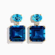 14K Yellow Gold Blue Topaz and Diamond Dual-Stone Statement Drop Earrings with oval light blue topaz on top, round diamonds in the center, and large square deep blue stones below, shown on a white background.