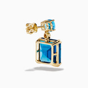 14K Yellow Gold Blue Topaz and Diamond Dual-Stone Statement Drop Earrings with oval light blue topaz on top, round diamonds in the center, and large square deep blue stones below, shown on a white background.