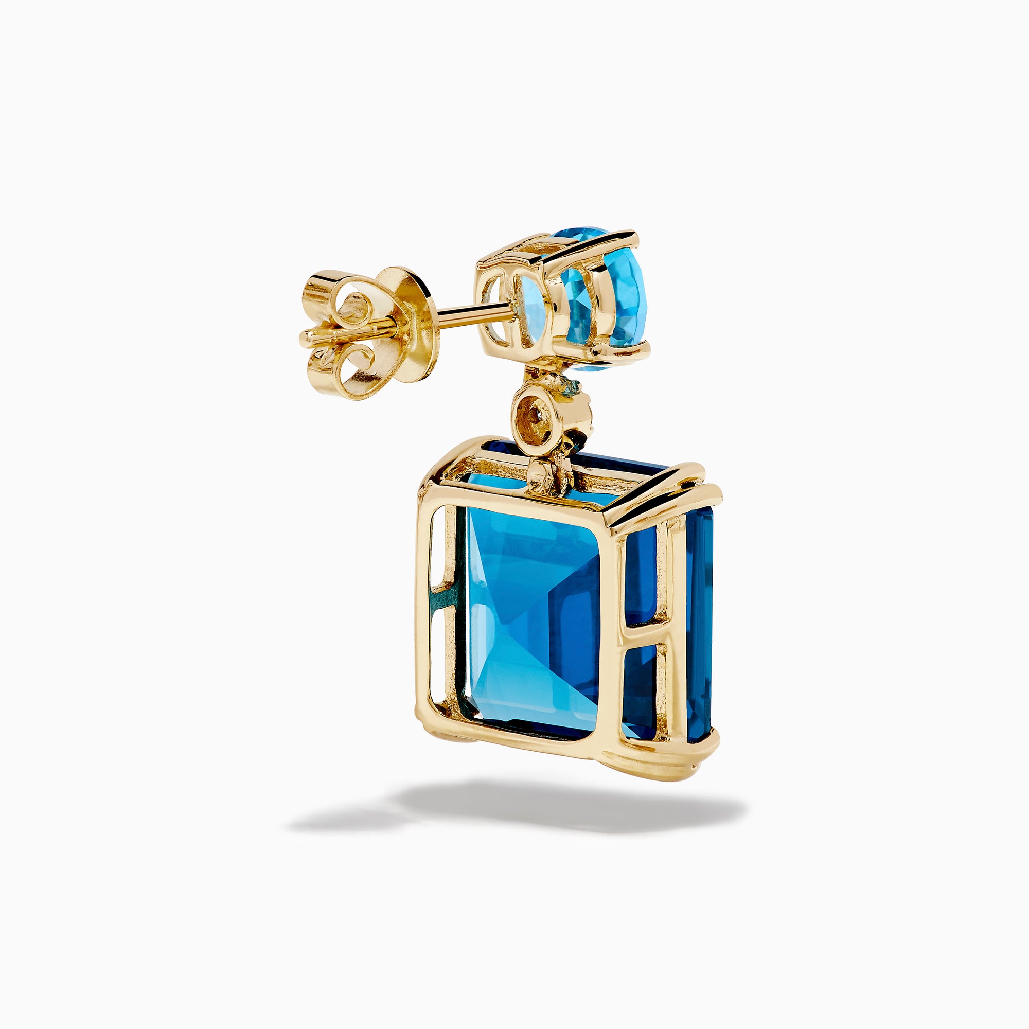 14K Yellow Gold Blue Topaz and Diamond Dual-Stone Statement Drop Earrings with oval light blue topaz on top, round diamonds in the center, and large square deep blue stones below, shown on a white background.