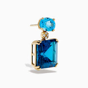 14K Yellow Gold Blue Topaz and Diamond Dual-Stone Statement Drop Earrings with oval light blue topaz on top, round diamonds in the center, and large square deep blue stones below, shown on a white background.