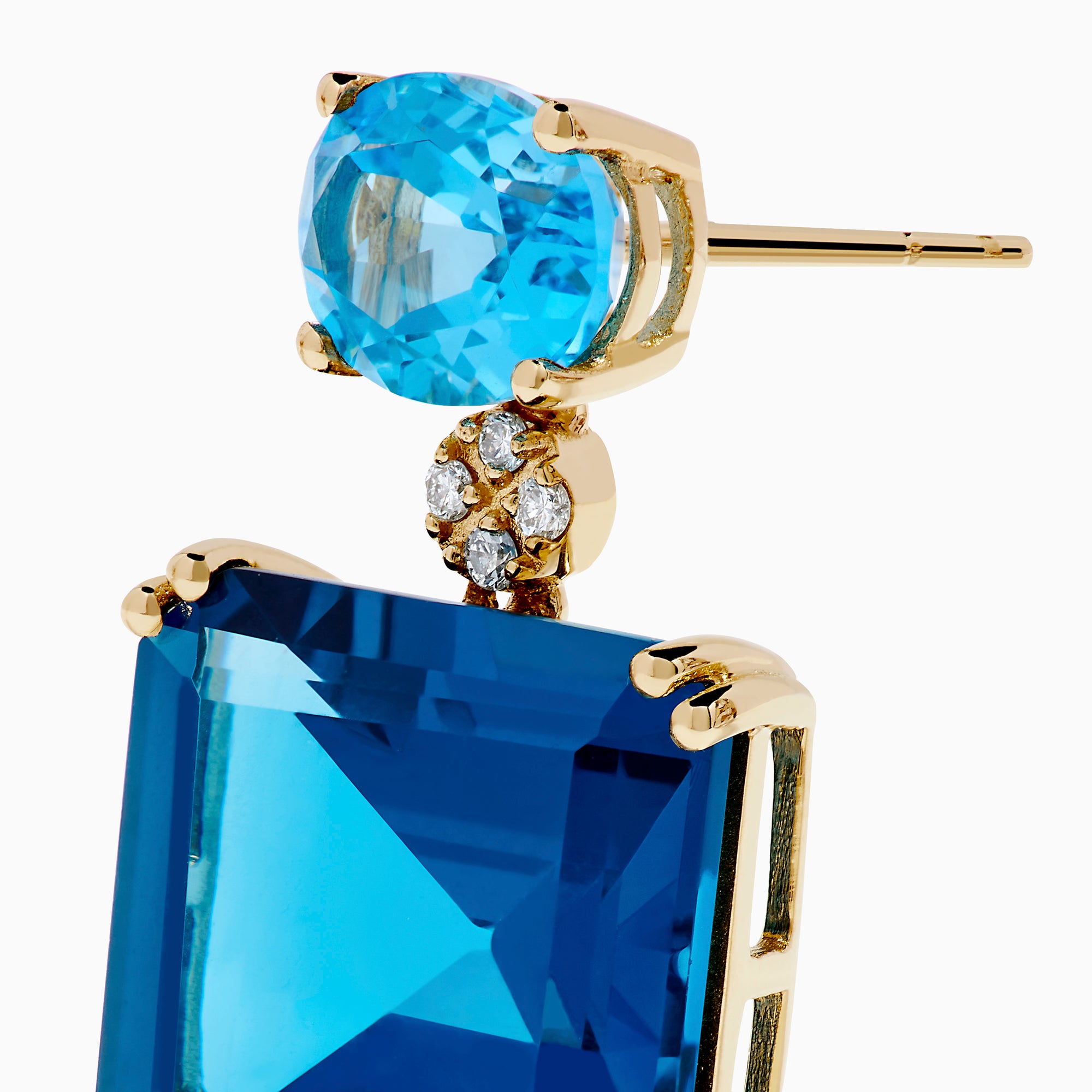 14K Yellow Gold Blue Topaz and Diamond Dual-Stone Statement Drop Earrings with oval light blue topaz on top, round diamonds in the center, and large square deep blue stones below, shown on a white background.