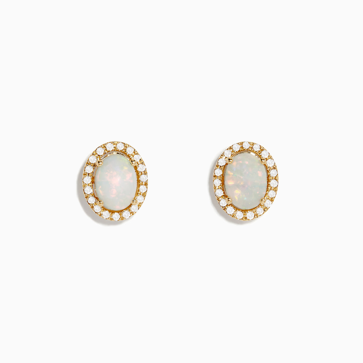 The Aurora 14K Yellow Gold Opal and Diamond Stud Earrings feature oval opals encircled by a halo of sparkling diamonds, set in yellow gold and shown against a white background.