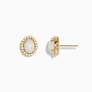 The Aurora 14K Yellow Gold Opal and Diamond Stud Earrings feature oval opals encircled by a halo of sparkling diamonds, set in yellow gold and shown against a white background.