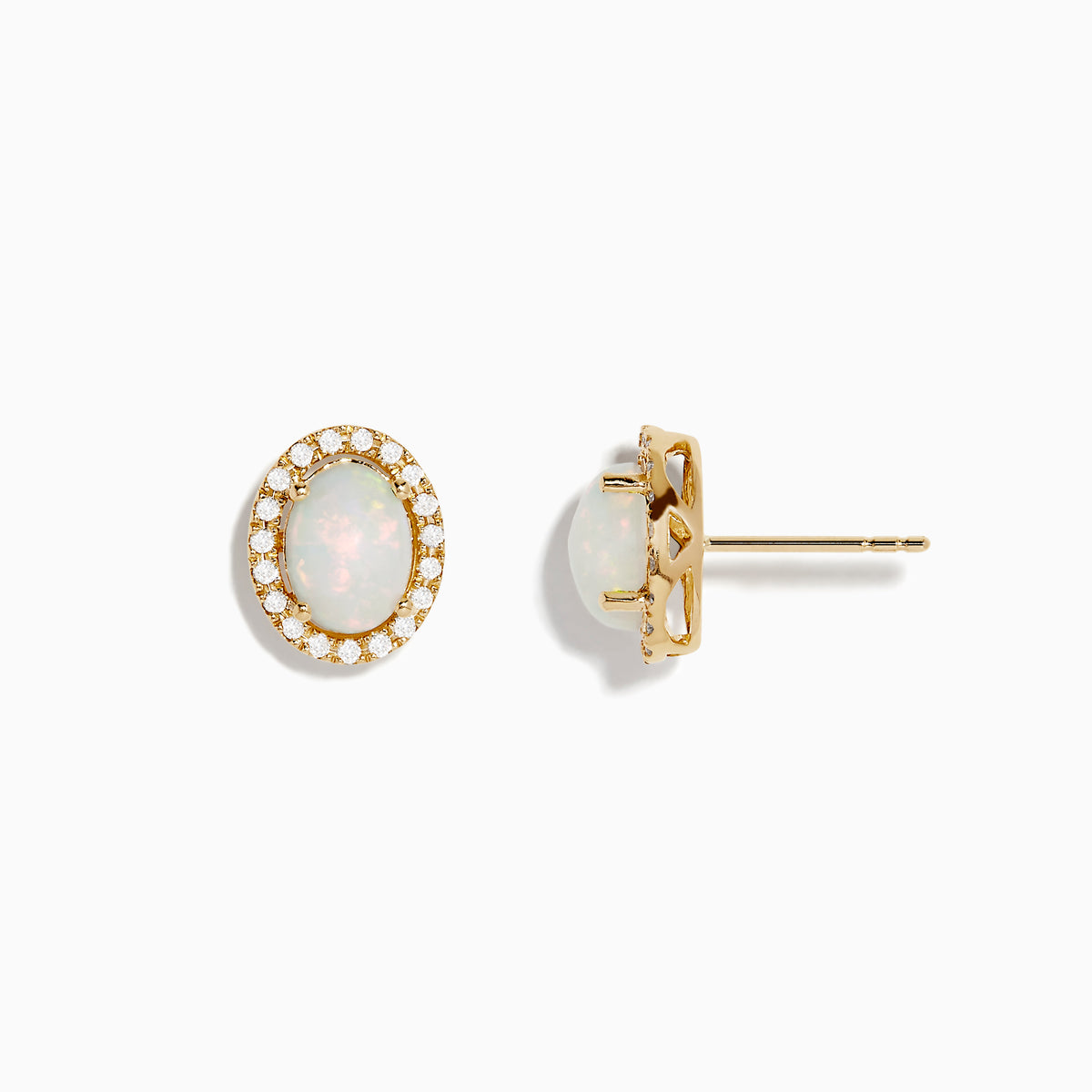 The Aurora 14K Yellow Gold Opal and Diamond Stud Earrings feature oval opals encircled by a halo of sparkling diamonds, set in yellow gold and shown against a white background.