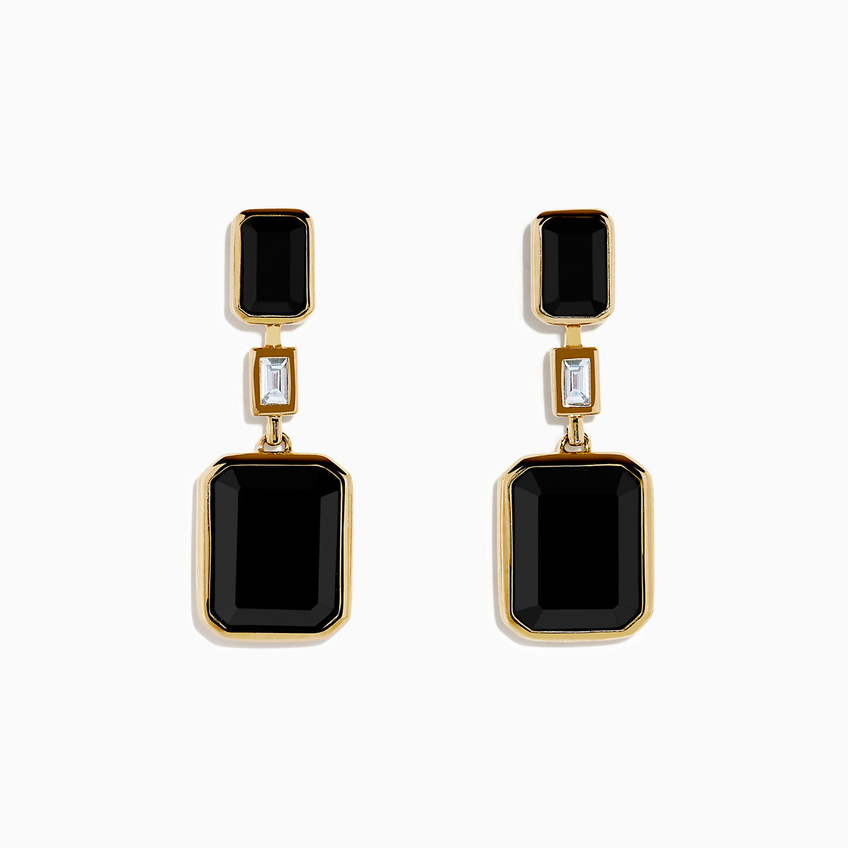 The Eclipse 14K Yellow Gold Onyx and Diamond Bezel Drop Earrings feature black rectangular onyx stones at the top and bottom, separated by a small clear diamond in the center.