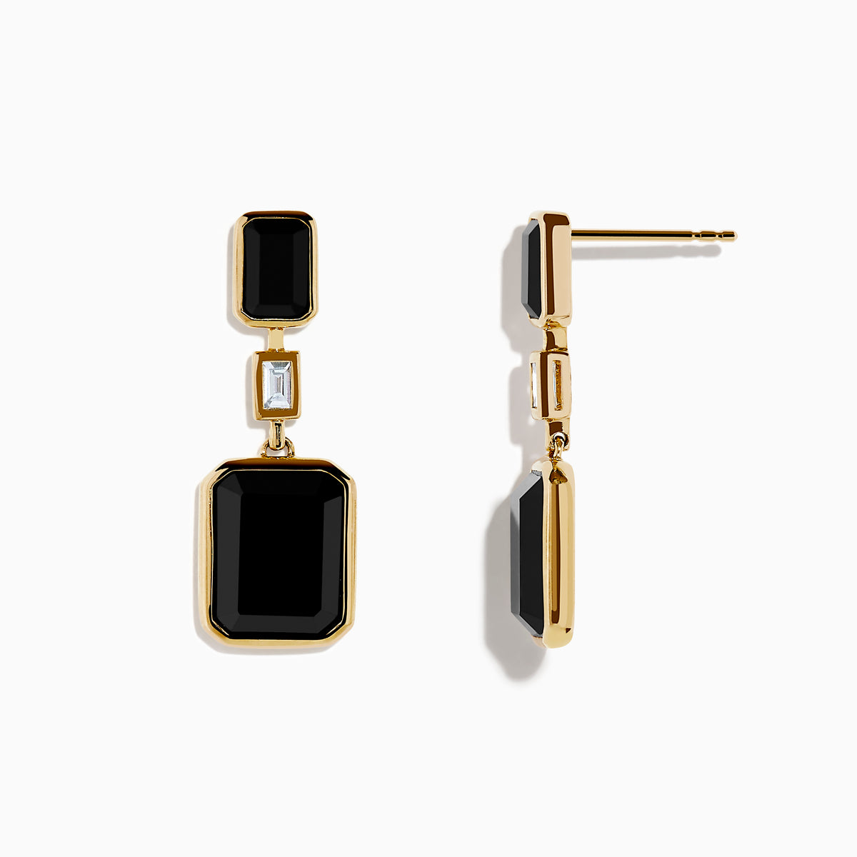 The Eclipse 14K Yellow Gold Onyx and Diamond Bezel Drop Earrings feature black rectangular onyx stones at the top and bottom, separated by a small clear diamond in the center.