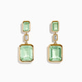 The 14K Yellow Gold Green Amethyst and Diamond Bezel Drop Earrings feature rectangular green amethysts and a vertical diamond bezel at the center, shown on a plain white background.
