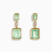 The 14K Yellow Gold Green Amethyst and Diamond Bezel Drop Earrings feature rectangular green amethysts and a vertical diamond bezel at the center, shown on a plain white background.