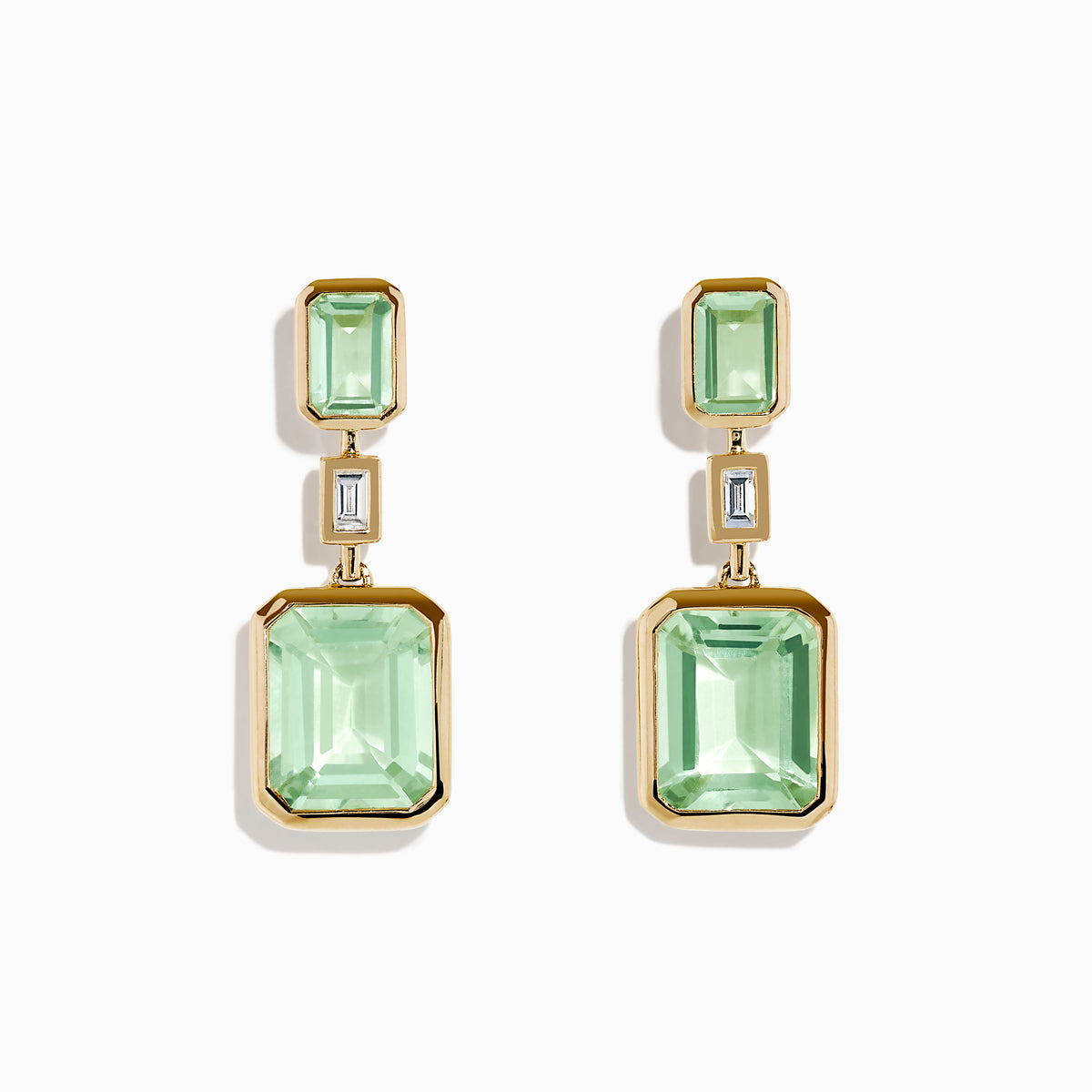 The 14K Yellow Gold Green Amethyst and Diamond Bezel Drop Earrings feature rectangular green amethysts and a vertical diamond bezel at the center, shown on a plain white background.