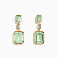 The 14K Yellow Gold Green Amethyst and Diamond Bezel Drop Earrings feature rectangular green amethysts and a vertical diamond bezel at the center, shown on a plain white background.