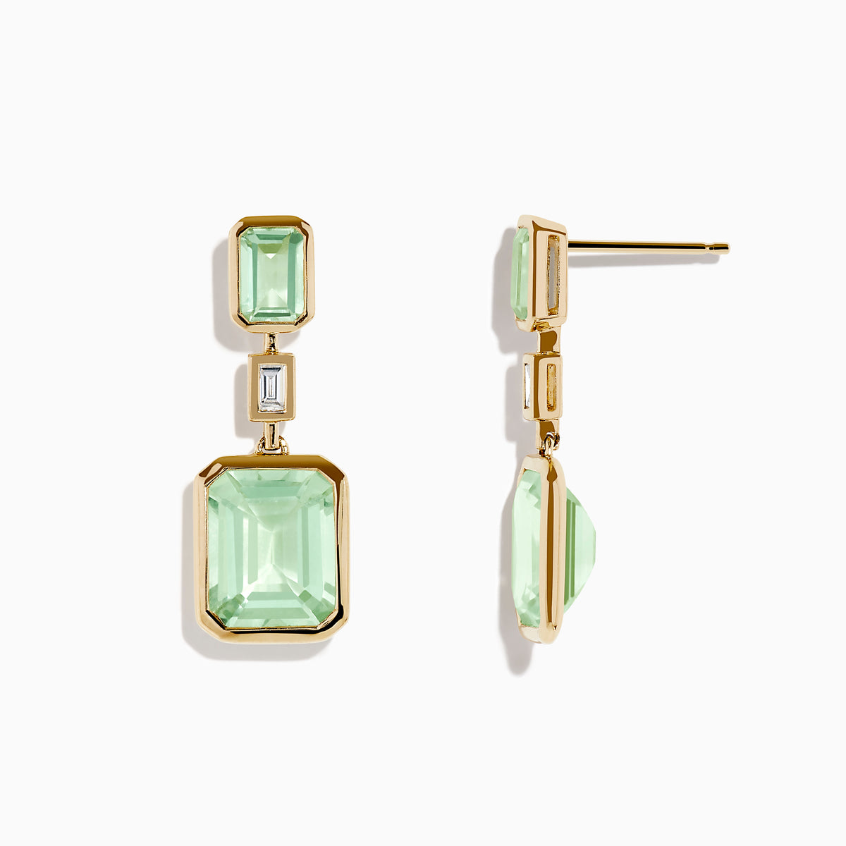 The 14K Yellow Gold Green Amethyst and Diamond Bezel Drop Earrings feature rectangular green amethysts and a vertical diamond bezel at the center, shown on a plain white background.