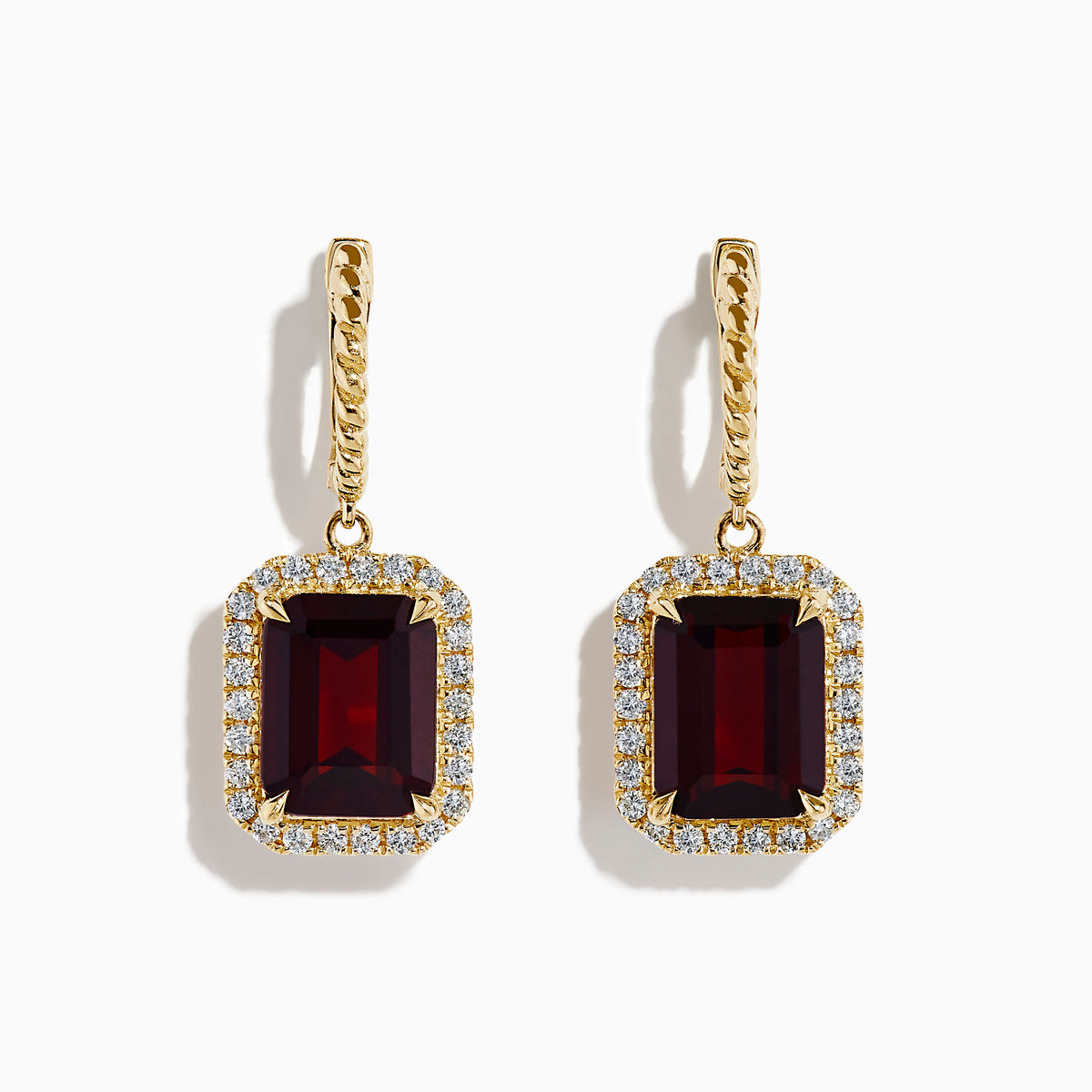 The Bordeaux 14K Yellow Gold Garnet and Diamond Earrings feature large rectangular deep red garnets surrounded by a border of sparkling diamonds, elegantly displayed against a white background.