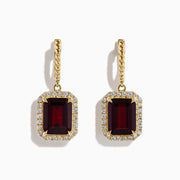 The Bordeaux 14K Yellow Gold Garnet and Diamond Earrings feature large rectangular deep red garnets surrounded by a border of sparkling diamonds, elegantly displayed against a white background.