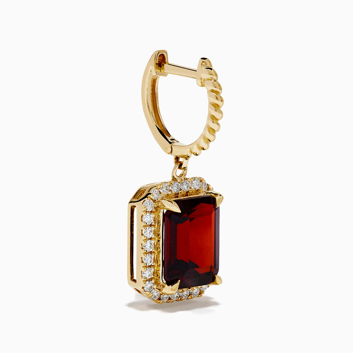 The Bordeaux 14K Yellow Gold Garnet and Diamond Earrings feature large rectangular deep red garnets surrounded by a border of sparkling diamonds, elegantly displayed against a white background.