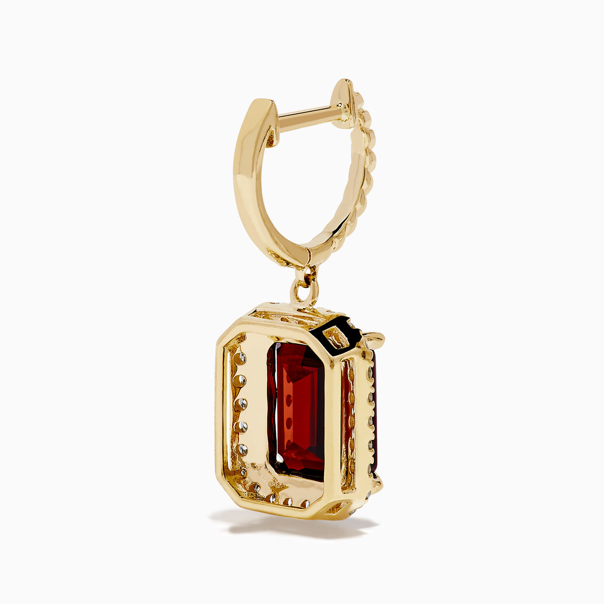 The Bordeaux 14K Yellow Gold Garnet and Diamond Earrings feature large rectangular deep red garnets surrounded by a border of sparkling diamonds, elegantly displayed against a white background.