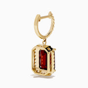The Bordeaux 14K Yellow Gold Garnet and Diamond Earrings feature large rectangular deep red garnets surrounded by a border of sparkling diamonds, elegantly displayed against a white background.