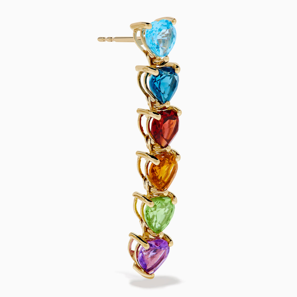 The 14K Yellow Gold Multi-Gemstone Heart Linear Drop Earrings feature five heart-shaped gems in blue, red, orange, green, and purple arranged vertically in a rainbow gradient.