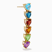 The 14K Yellow Gold Multi-Gemstone Heart Linear Drop Earrings feature five heart-shaped gems in blue, red, orange, green, and purple arranged vertically in a rainbow gradient.