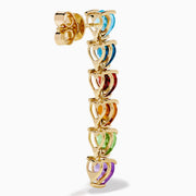 The 14K Yellow Gold Multi-Gemstone Heart Linear Drop Earrings feature five heart-shaped gems in blue, red, orange, green, and purple arranged vertically in a rainbow gradient.