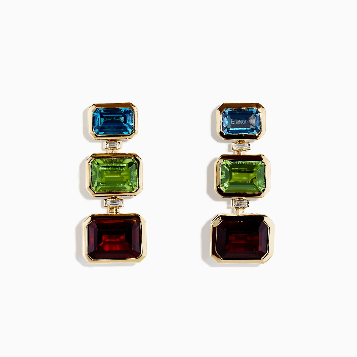 Mosaic 14K yellow gold earrings featuring vertically arranged square-cut blue topaz, garnet, peridot, and diamond drops are displayed against a white background.
