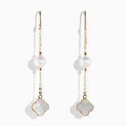 14K Yellow Gold Earrings showcase a round cultured pearl and a four-leaf clover-shaped white mother-of-pearl charm, set against a white background.