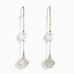 14K Yellow Gold Earrings showcase a round cultured pearl and a four-leaf clover-shaped white mother-of-pearl charm, set against a white background.