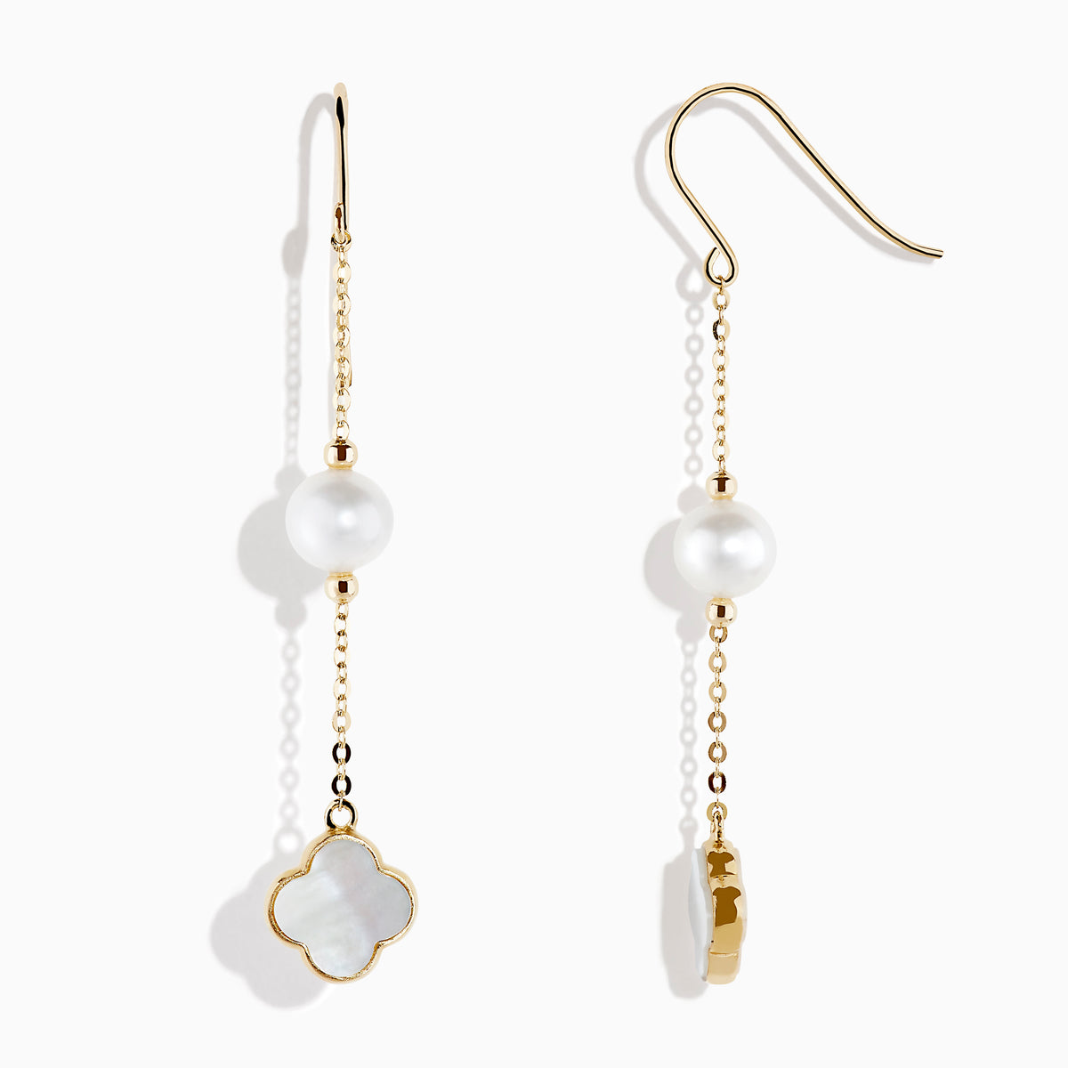 14K Yellow Gold Earrings showcase a round cultured pearl and a four-leaf clover-shaped white mother-of-pearl charm, set against a white background.