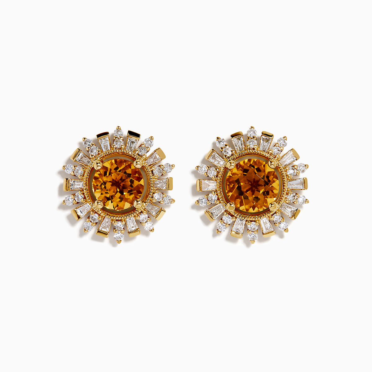 The 14K Yellow Gold Citrine and Diamond Sunburst Stud Earrings feature round citrine centers with a sunburst of sparkling diamonds and gold accents.