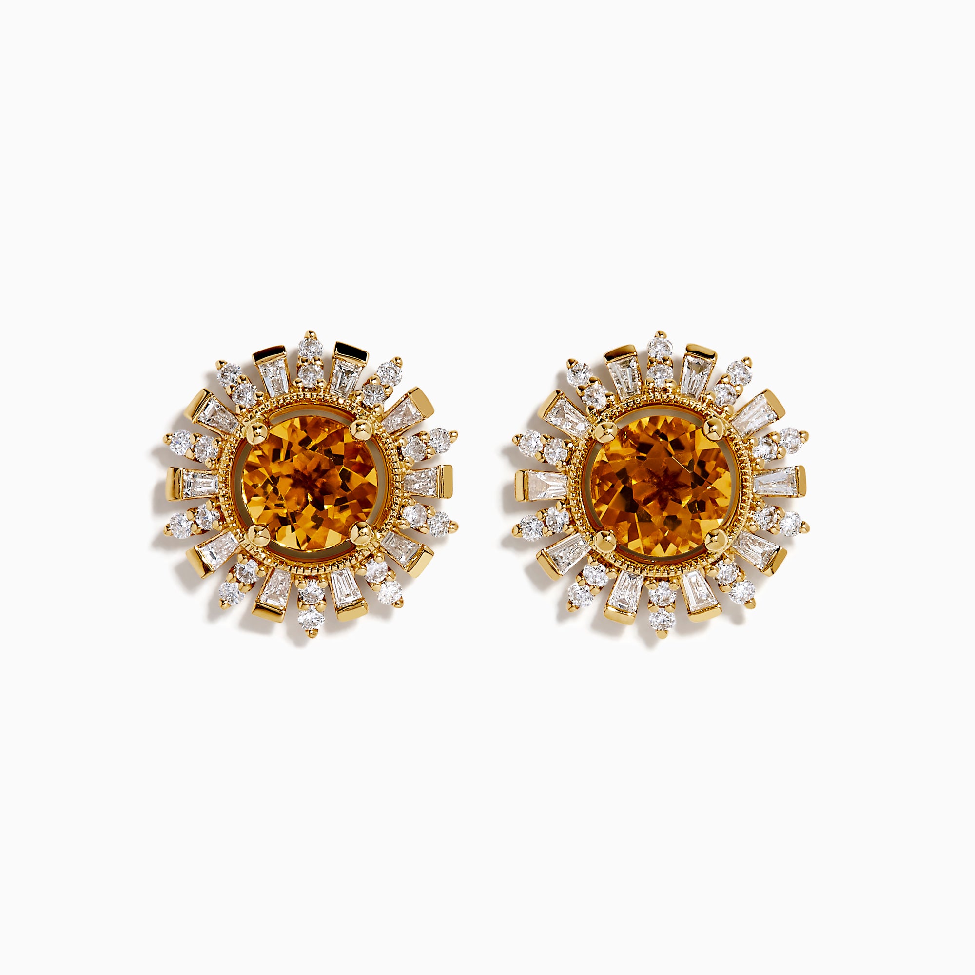 The 14K Yellow Gold Citrine and Diamond Sunburst Stud Earrings feature round citrine centers with a sunburst of sparkling diamonds and gold accents.