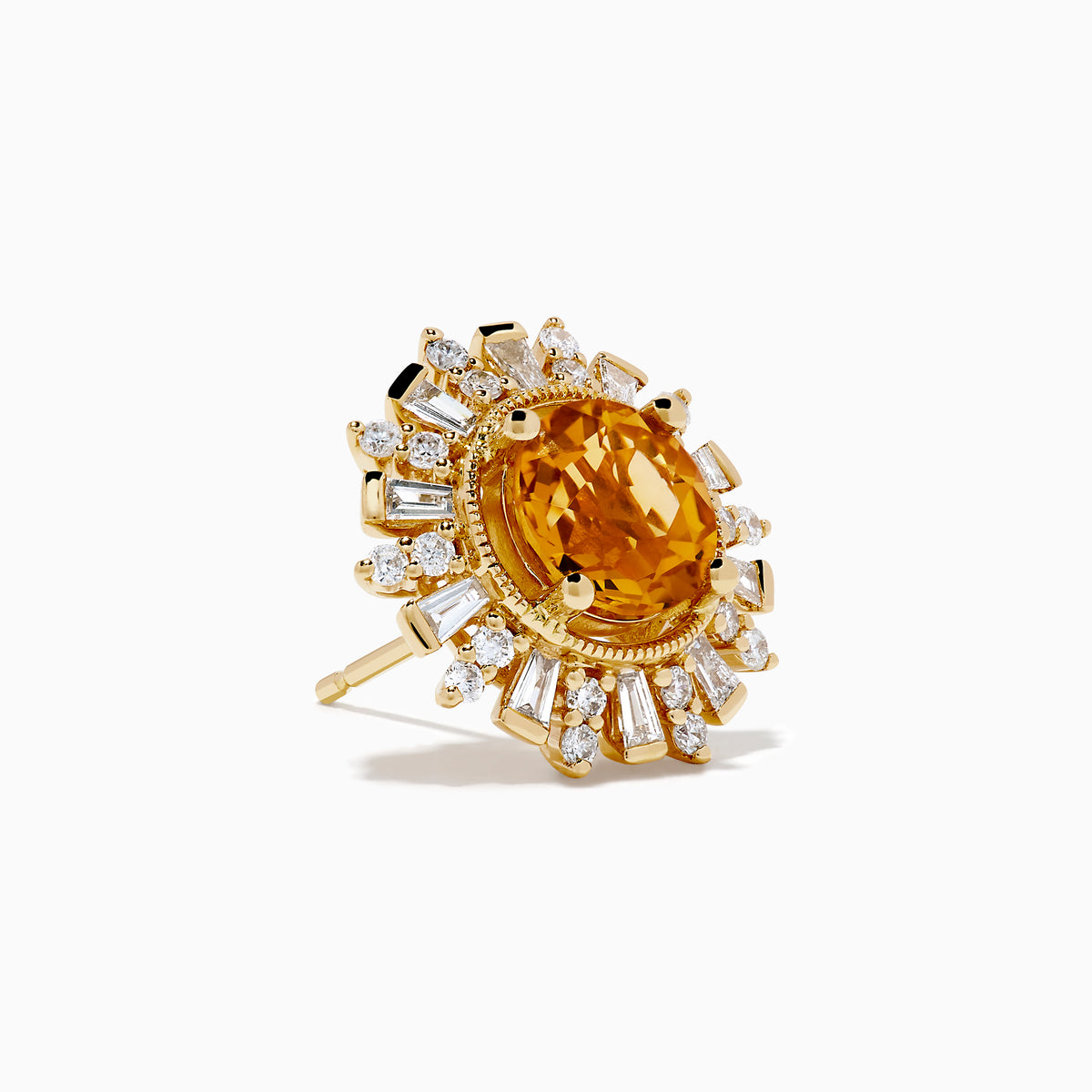 The 14K Yellow Gold Citrine and Diamond Sunburst Stud Earrings feature round citrine centers with a sunburst of sparkling diamonds and gold accents.