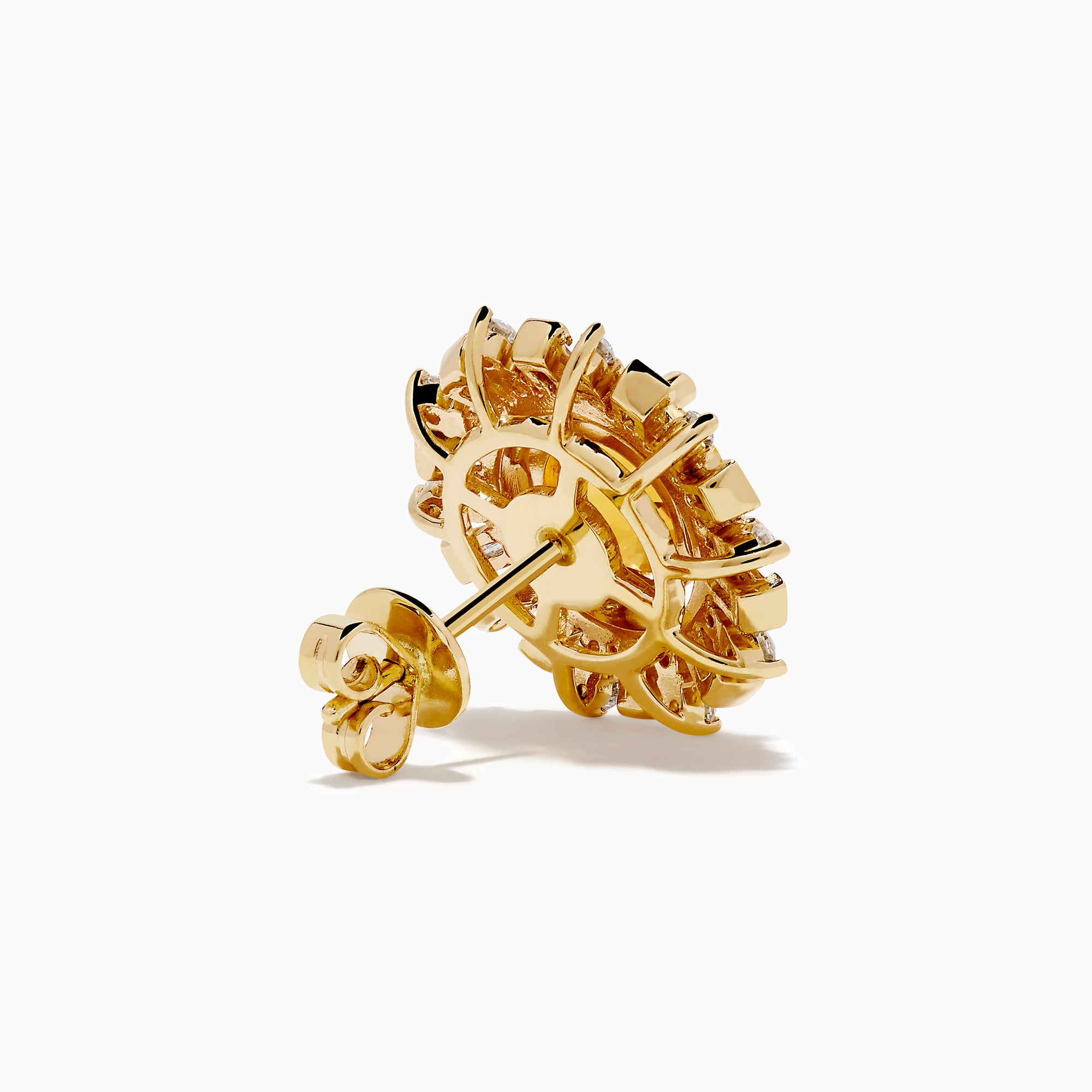 The 14K Yellow Gold Citrine and Diamond Sunburst Stud Earrings feature round citrine centers with a sunburst of sparkling diamonds and gold accents.