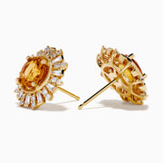 The 14K Yellow Gold Citrine and Diamond Sunburst Stud Earrings feature round citrine centers with a sunburst of sparkling diamonds and gold accents.