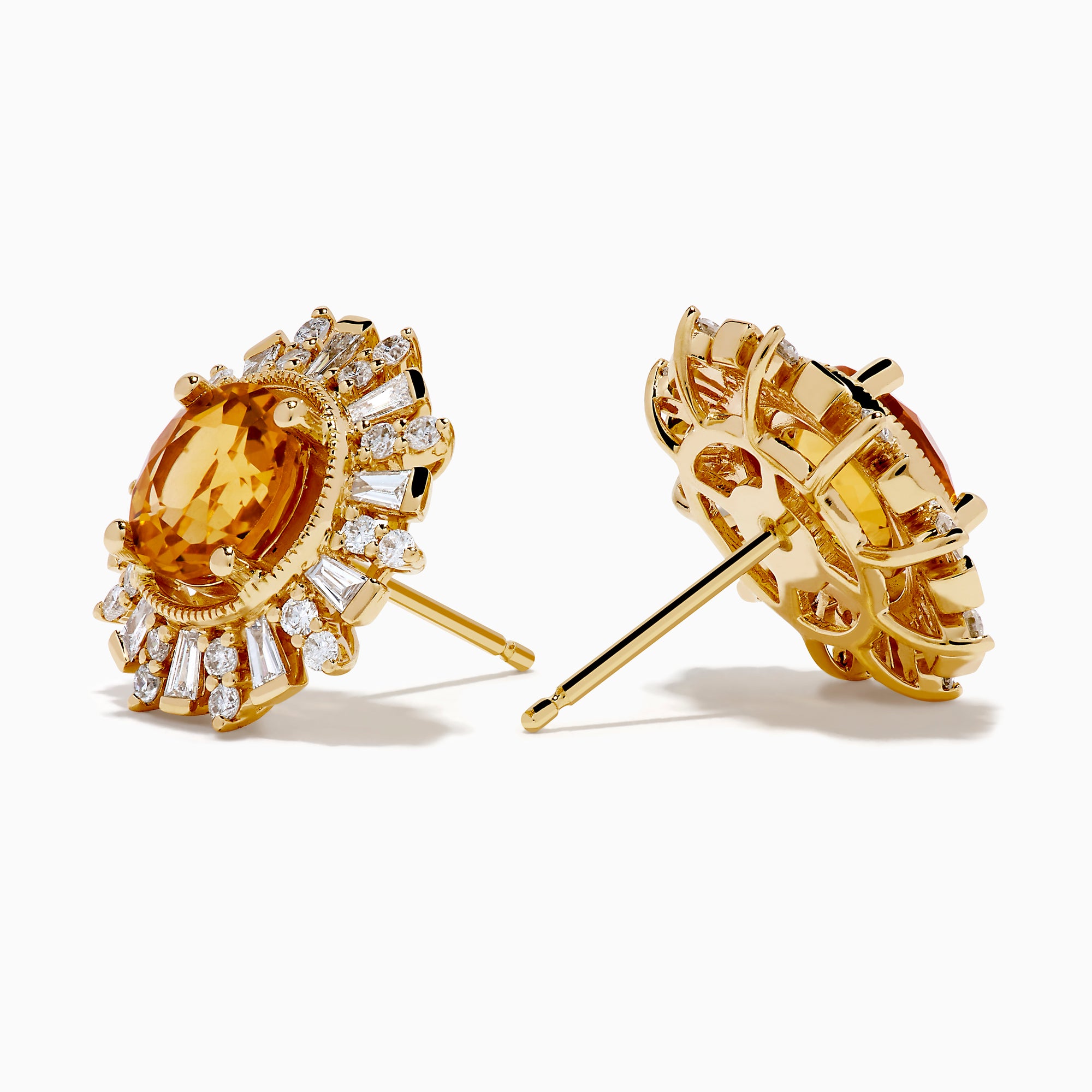 The 14K Yellow Gold Citrine and Diamond Sunburst Stud Earrings feature round citrine centers with a sunburst of sparkling diamonds and gold accents.
