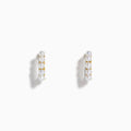 The 14K Yellow Gold Cultured Fresh Water Pearl Huggie Earrings each feature a vertical row of five small pearls and are shown against a plain white background.