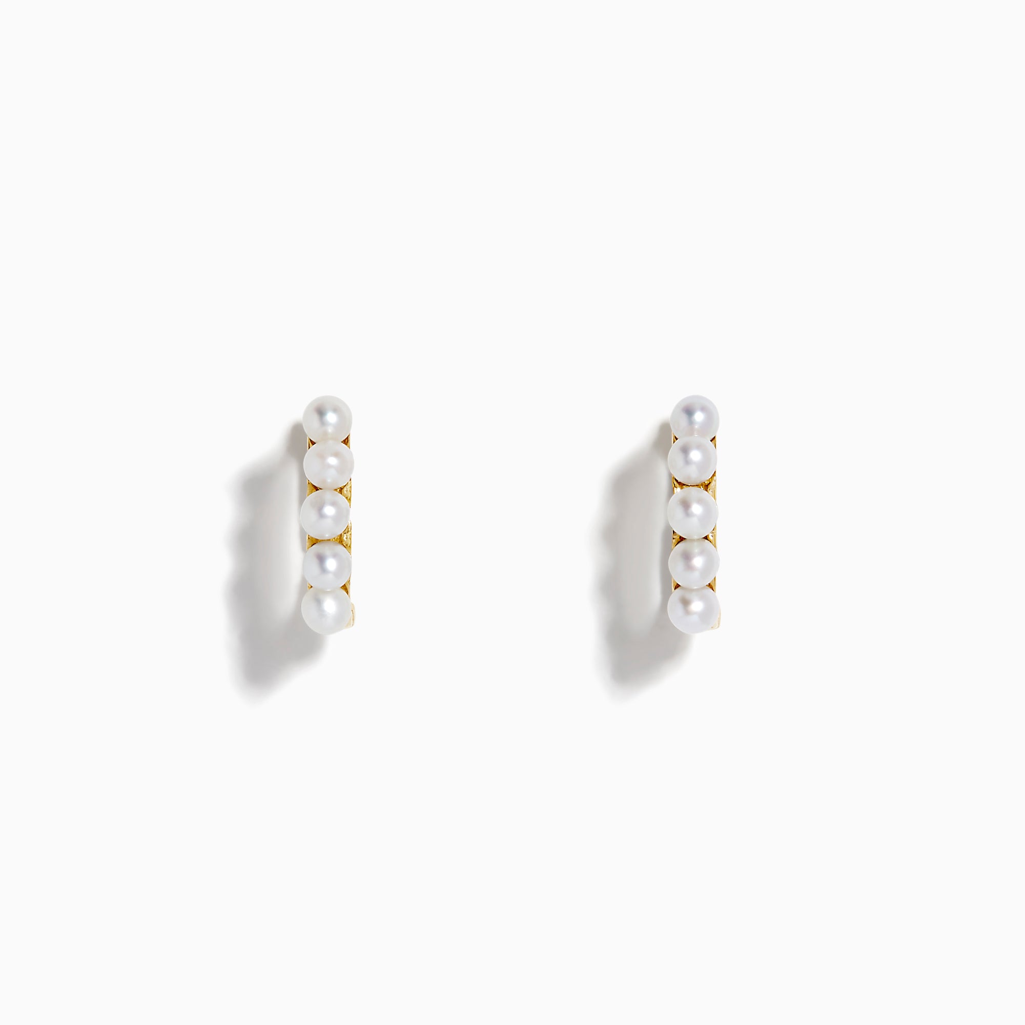 The 14K Yellow Gold Cultured Fresh Water Pearl Huggie Earrings each feature a vertical row of five small pearls and are shown against a plain white background.