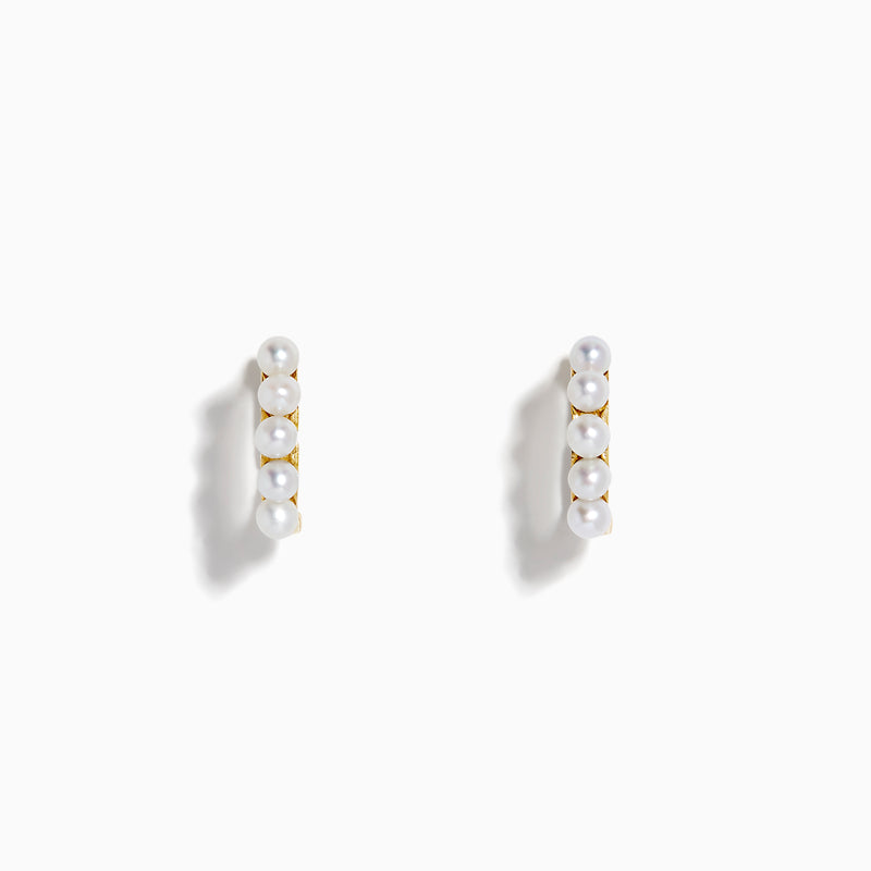 The 14K Yellow Gold Cultured Fresh Water Pearl Huggie Earrings each feature a vertical row of five small pearls and are shown against a plain white background.