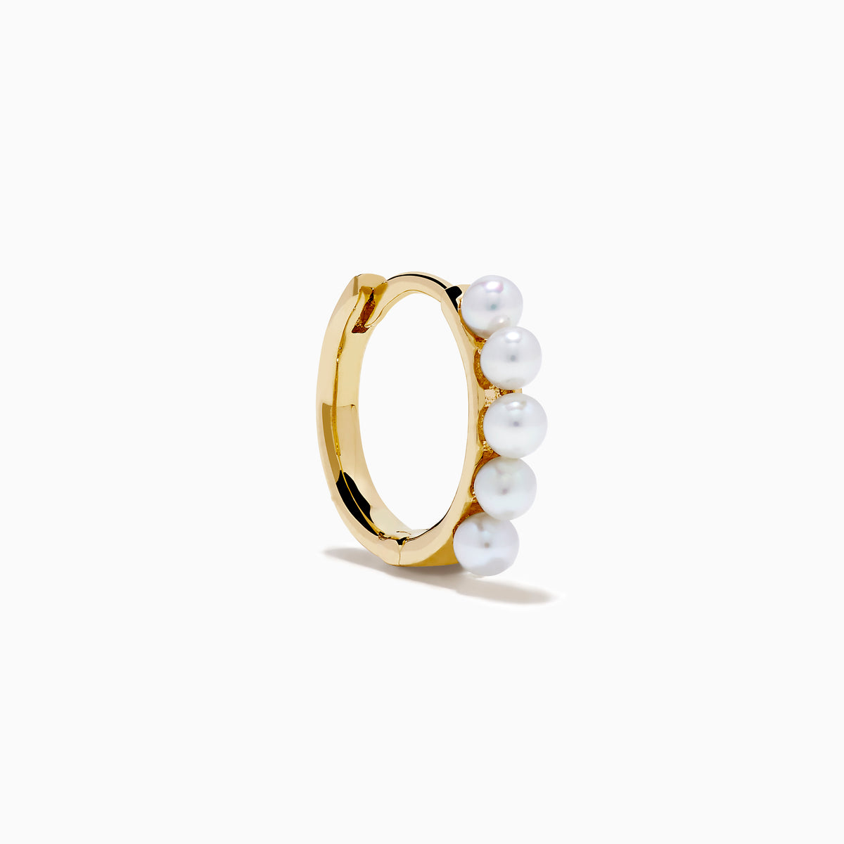 The 14K Yellow Gold Cultured Fresh Water Pearl Huggie Earrings each feature a vertical row of five small pearls and are shown against a plain white background.
